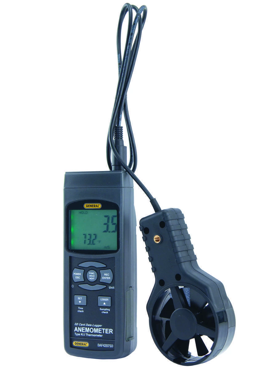 Anemometer-Thermometer with "K/J" Port and Excel-Formatted Data Logging SD Card